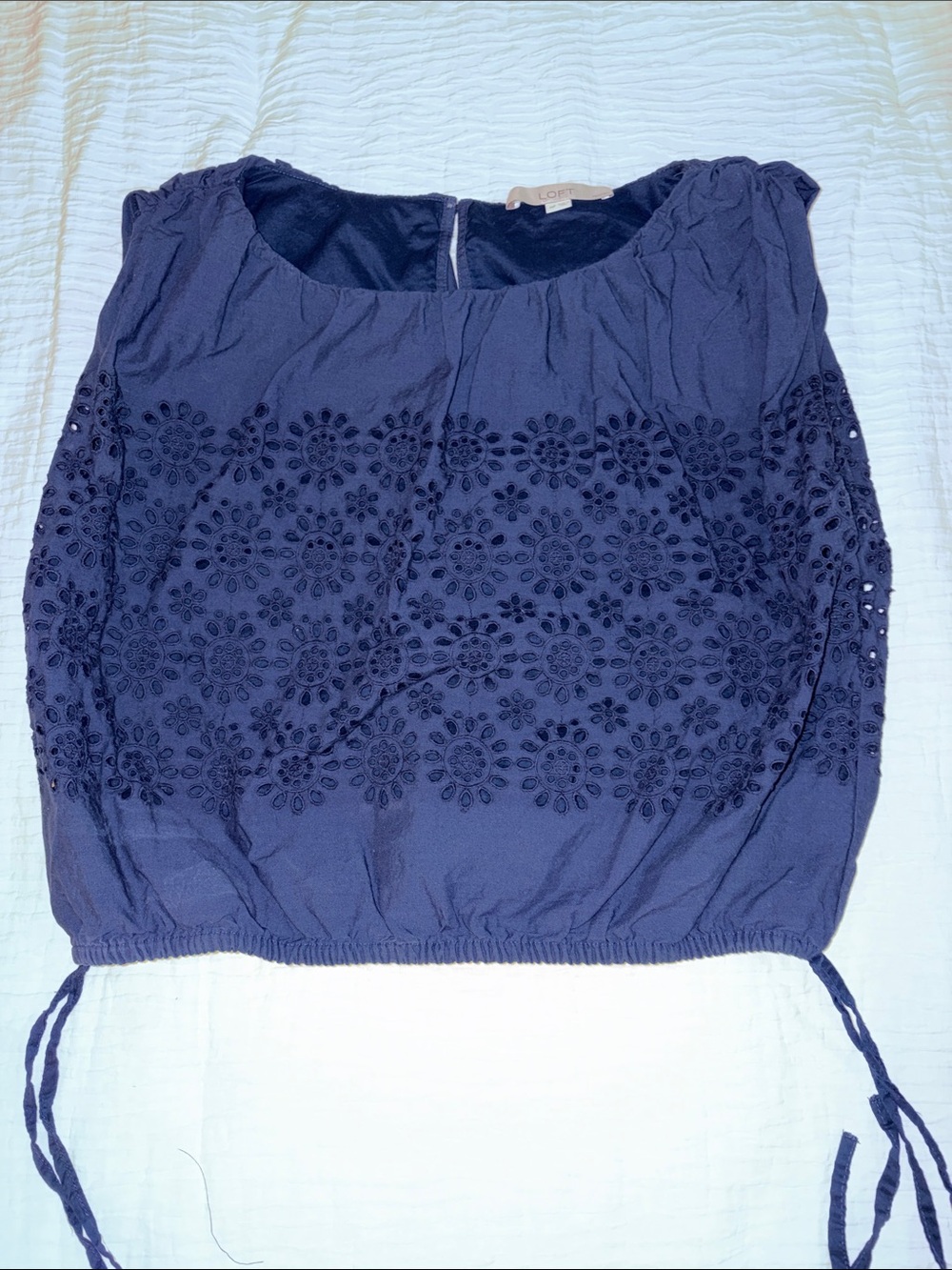 LOFT Navy Eyelet Bubble Hem Drawstring Cotton Top